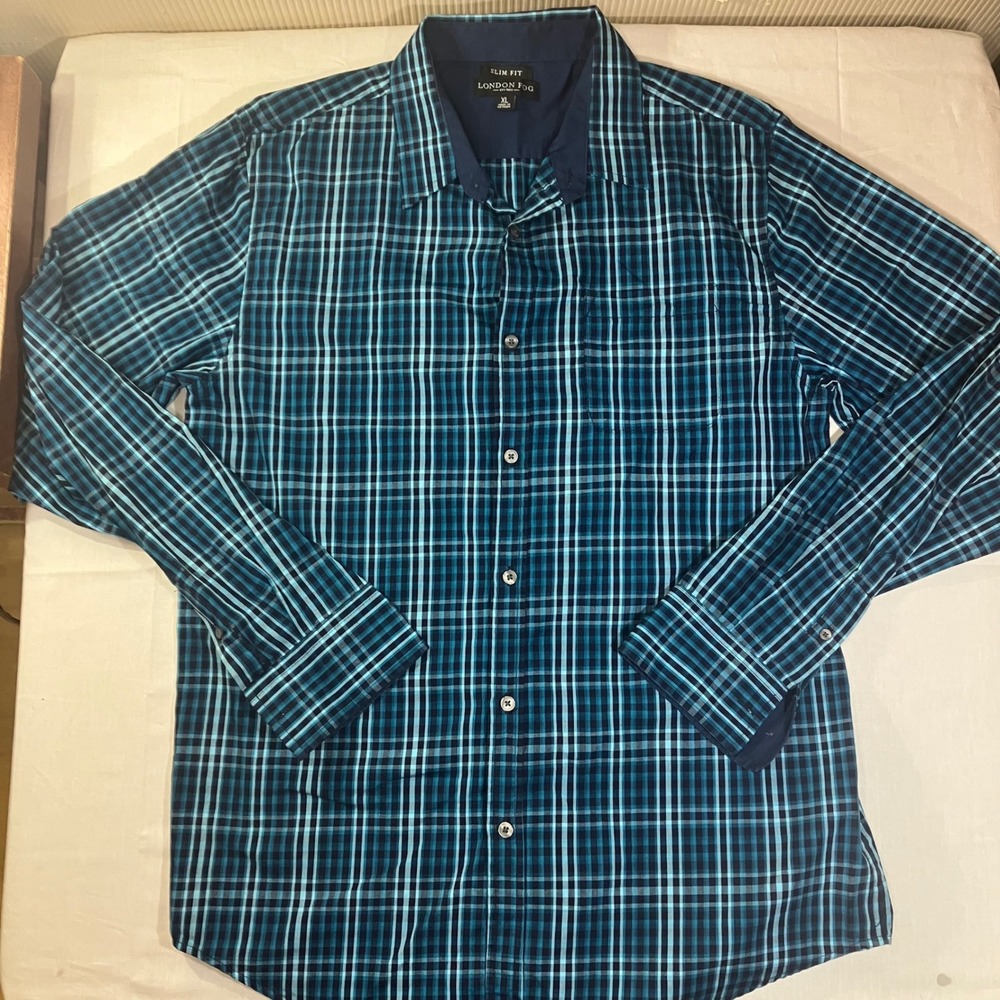 London Fog Mens Slim Fit Plaid Button Down Shirt XL Blue Navy Long Sleeve Check